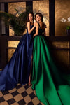 Green Satin Long Prom Dresses With Detachable Train