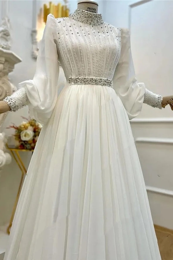 A Line Pleated Beadings Chiffon Wedding Bridal Gown For Muslim