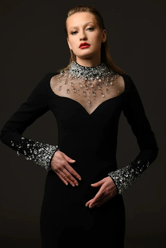 #DZ9378 Long Sleeves Black Evening Dress With Crystal