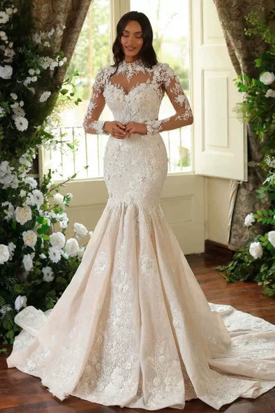 #LY9213 Mermaid Lace Long Wedding Dress With Full Sleeves