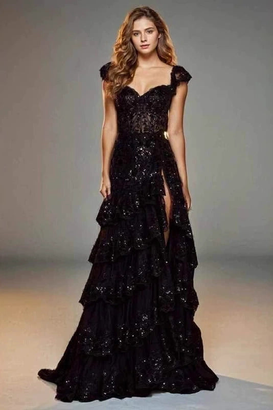 #LY9201 High Split Lace Cap Sleeves Long Evening Prom Dress
