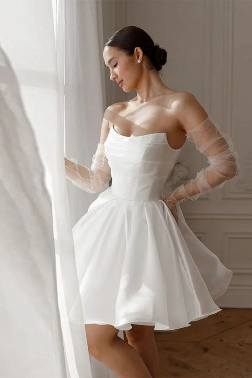 DZ9611 A Line Short Wedding Dress With Two Pair Detachable Sleeves TANYA BRIDAL DZ9611 A Line Short Wedding Dress With Two Pair Detachable Sleeves TANYA BRIDAL
