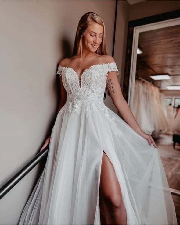 Off The Shoulder Lace Appliques A Line Wedding Dress Side Split