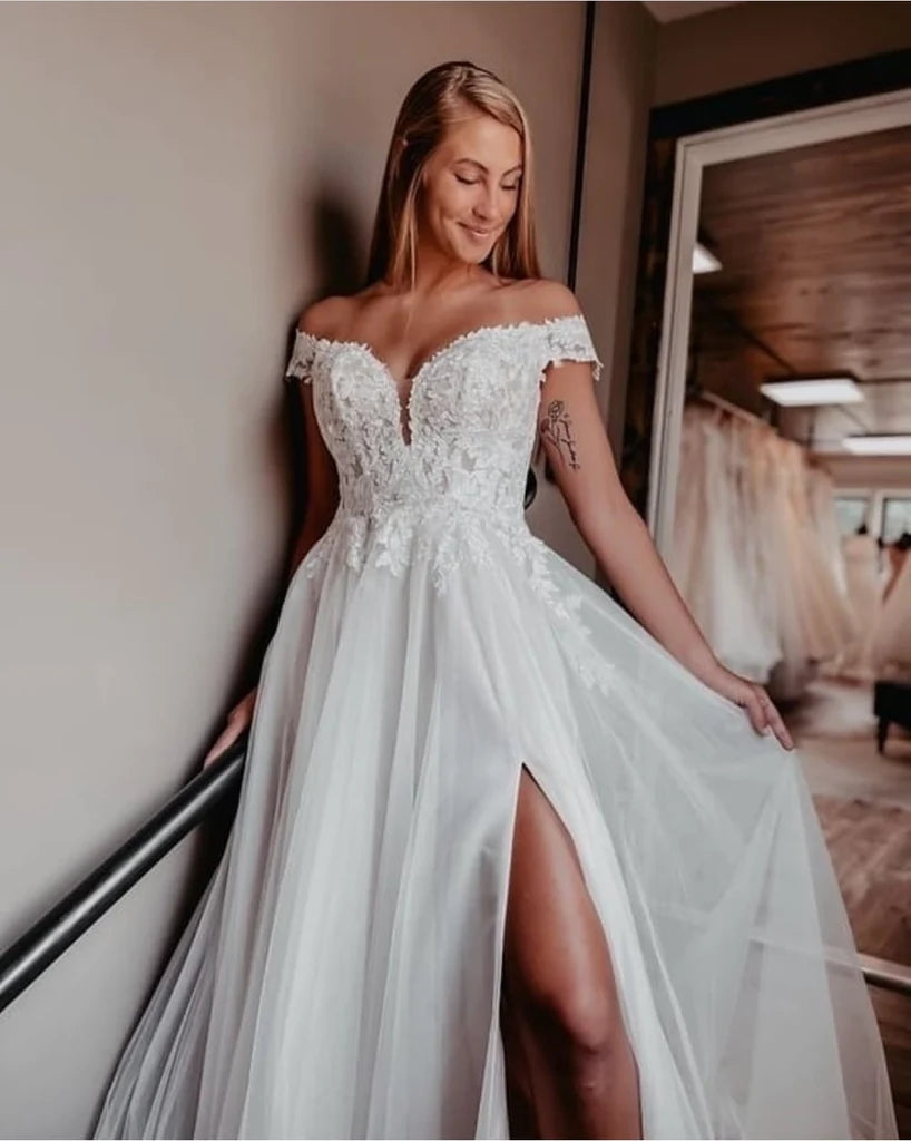 Off The Shoulder Lace Appliques A Line Wedding Dress Side Split TANYA BRIDAL Off The Shoulder Lace Appliques A Line Wedding Dress Side Split TANYA BRIDAL