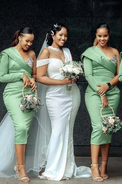 Sage Green One Shoulder Long Sleeve Short Bridesmaid Dress