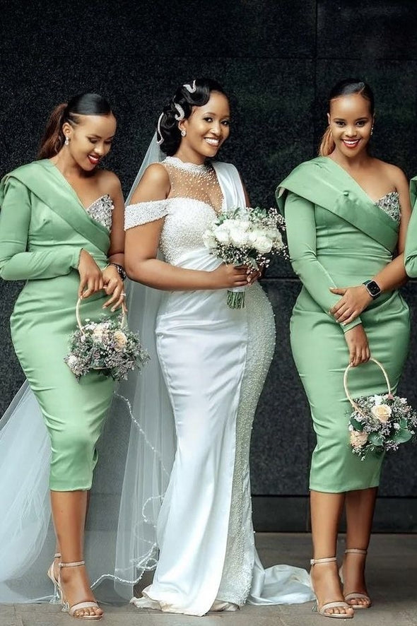 Sage Green One Shoulder Long Sleeve Short Bridesmaid Dress