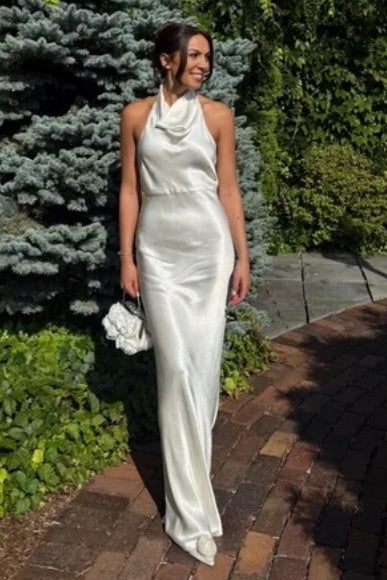 # DZ9353 Simple Silk Satin Wedding Dress, Backless Sheath, High Neck