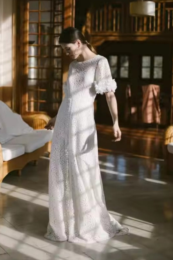 Short Sleeve Unique Lace A Line Wedding dress DW1090 – TANYA BRIDAL