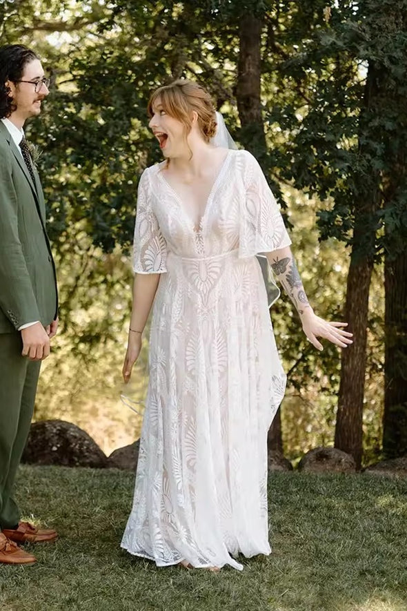 #DZ9329 Half Flutter Sleeves Boho Plunge V Bridal Gowns