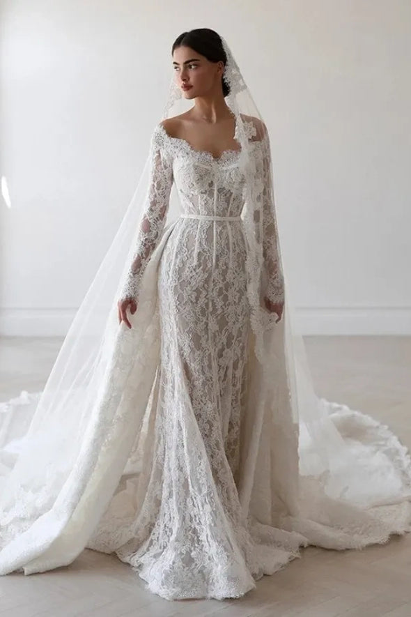 #DZ9366 Elegant Mermaid Wedding Dresses Off The Shoulder Long Sleeve