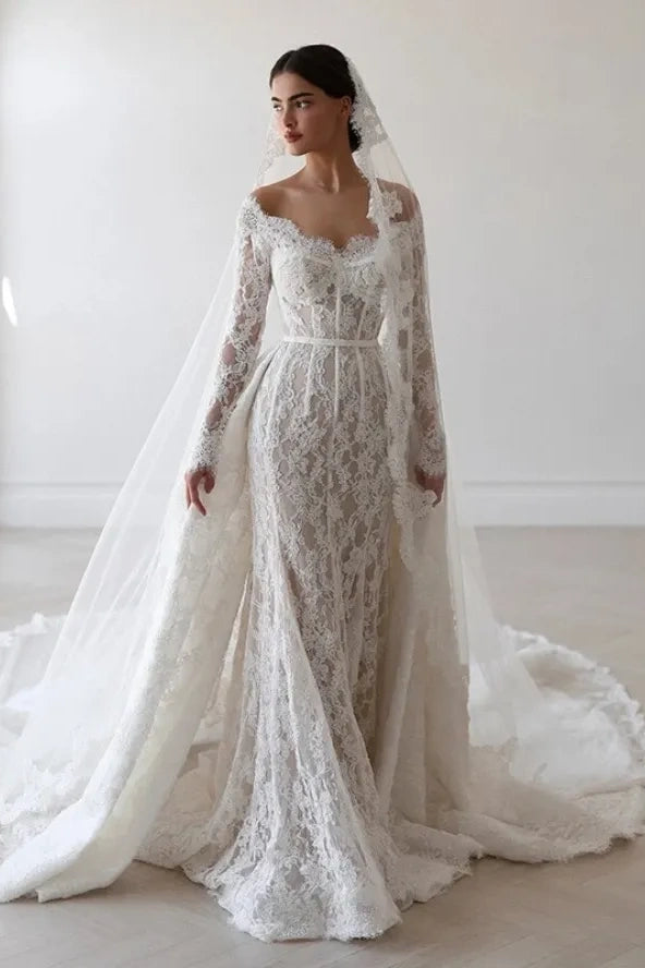 long sleeve wedding dress singapore Square Neckline Long Sleeve Wedding Dress Fitted Mermaid Wedding Dress Minimalist Fit Flare Wedding Dress Simple Crepe Wedding Dress ELLA