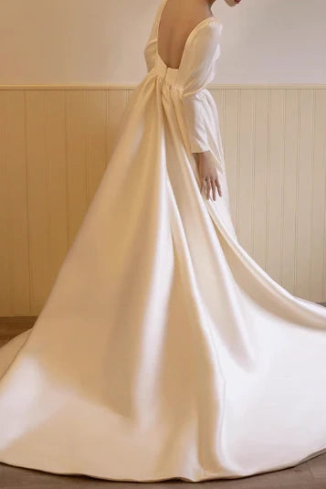 #DZ9373 A Line Wedding Dress Backless Ivory Long Sleeves Satin