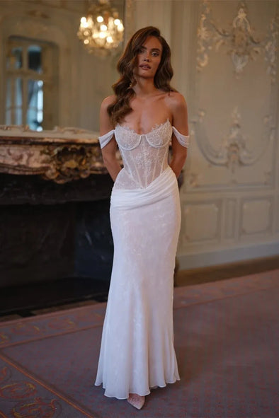 #DZ9364 Gorgeous Pleated Lace Mermaid Wedding Dress Off Shoulder