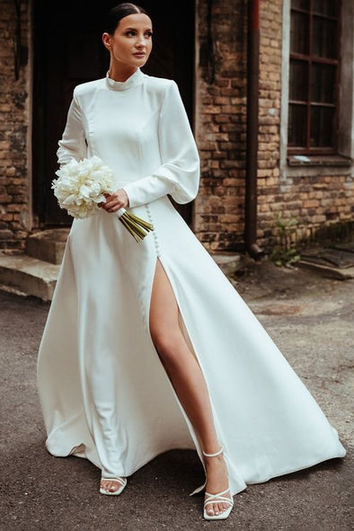 #DZ9319 Long Sleeves Backless Wedding Dress With High Split