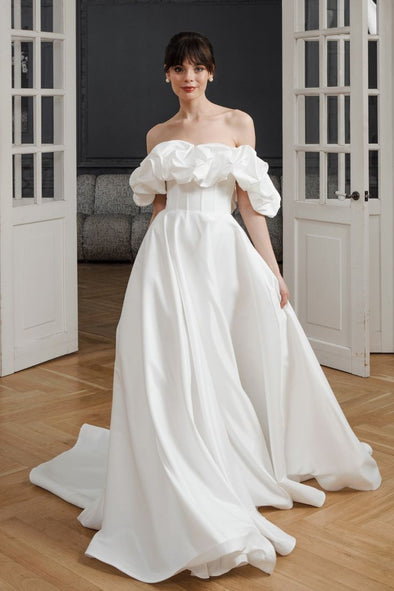 #DZ9346 Off The Shoulder Long A Line Satin Wedding Dress