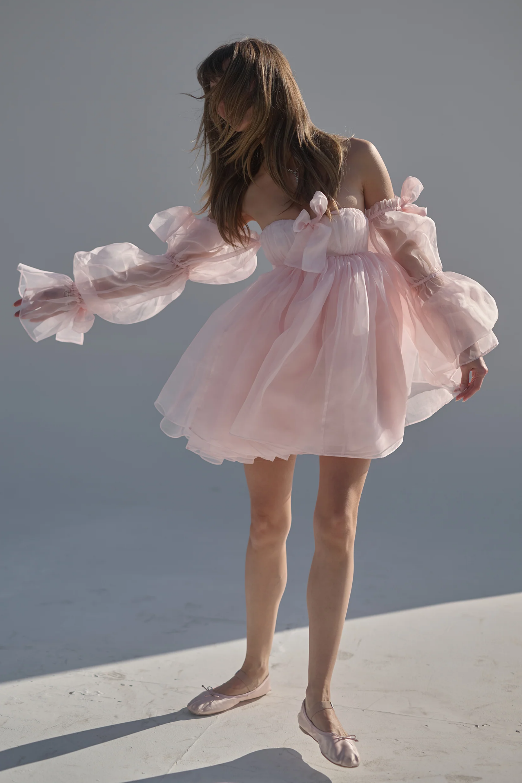 short pink organza dress Sculptural Pink Organza Mini Dress with Dramatic Ruffle Folds Shoulder