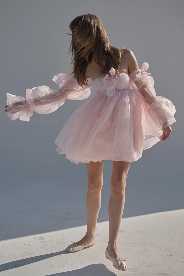 Pink Organza A Line Short Mini Homecoming Dress With Detachable Sleeves