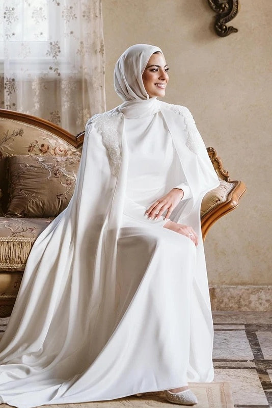 Modest Muslim White Wedding Dresses with Cape TANYA BRIDAL Modest Muslim White Wedding Dresses with Cape TANYA BRIDAL