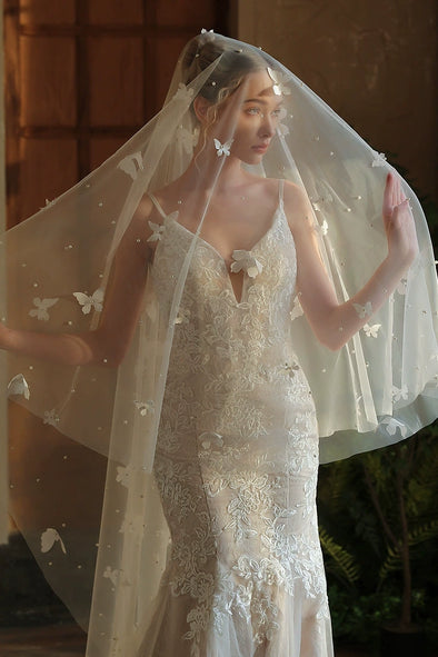Off White 3 Meters Pearls Long Wedding Veil With Butterfly
