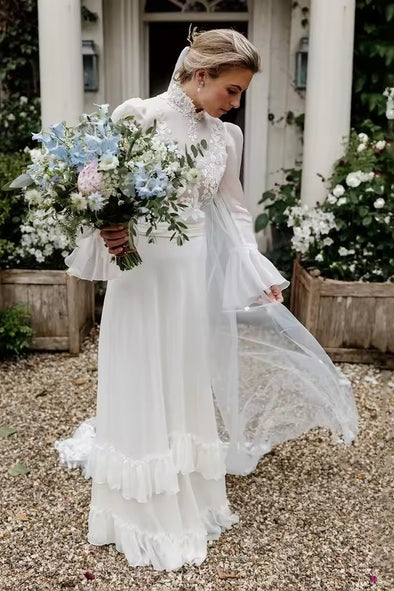 #DZ9331 Long Flare Sleeves Lace Wedding Dress Tiered Ruffles
