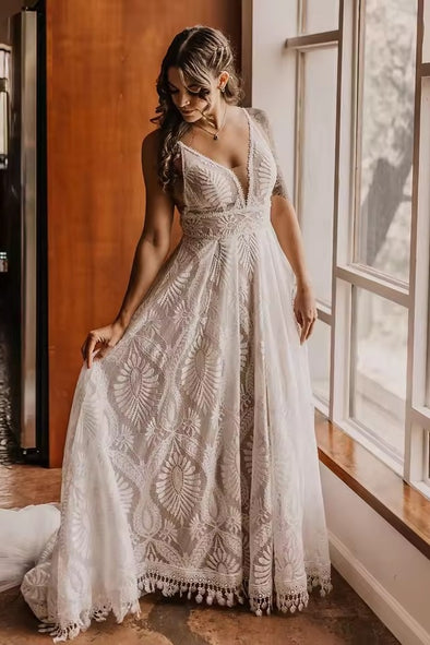 #DZ9332 Low V Neck Tassels A Line Sleeveless Sheer Bodice Lace Bridal Gown