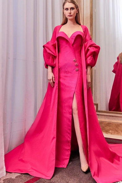 #DZ9302 Fuchsia Taffeta Long Evening Dress With Cape