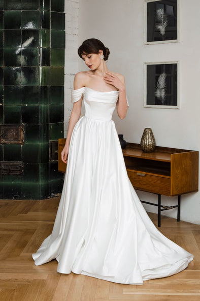 #DZ9401 Off The Shoulder Satin Wedding Dress With Detachable Lace Sleeves