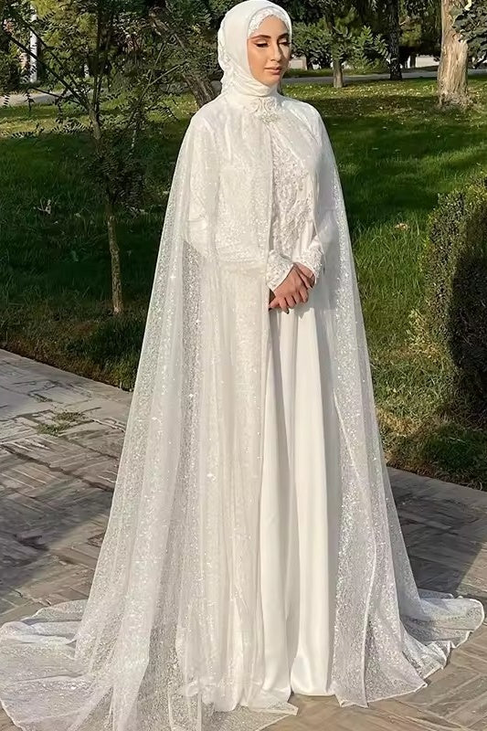 DZ9568 Muslim Weddings Dresses with Hijab High Collar Long Sleeve – TANYA BRIDAL