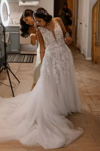 #DZ9337 Sequins Appliqued Luxe Deep V Sleeveless Wedding Dress