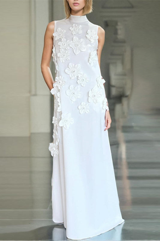 High Neck 3D Flower A Line Long Evening Dress