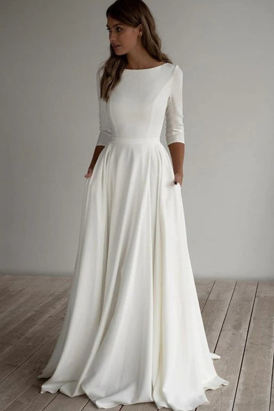 Half Sleeves A Line Soft Satin Floor Length Bridal Gown
