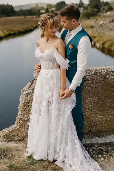 #DZ9336 Off Shoulder 3D Flowers Princess Wedding Dress High Slit