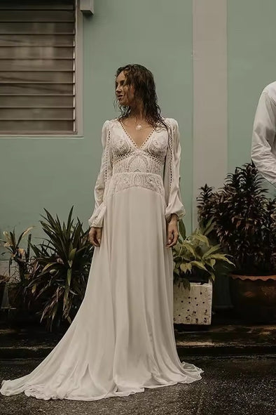 #DZ9322 Flowy Chiffon Long Bishop Sleeves Boho Wedding Dress