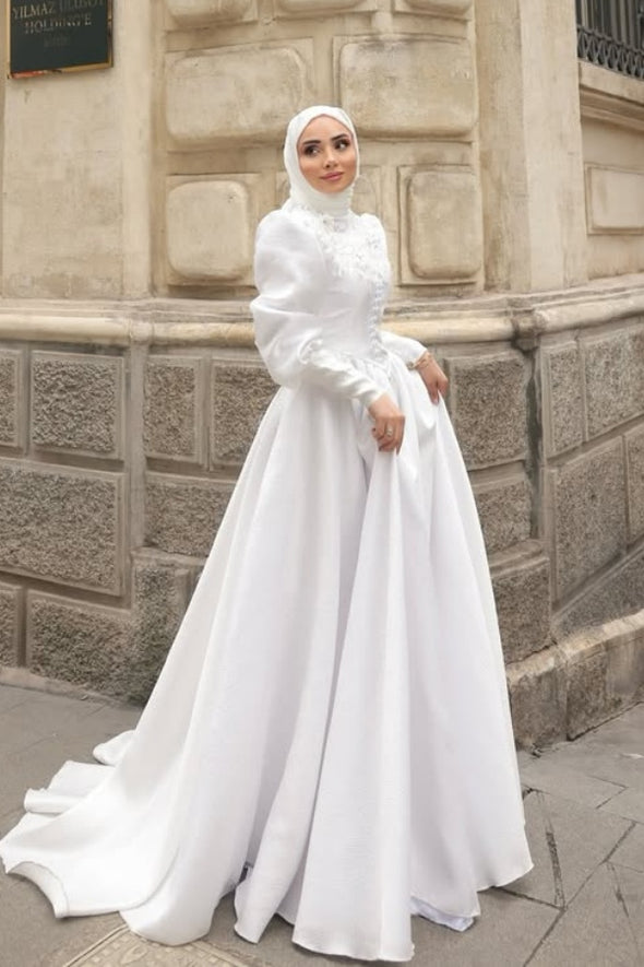 #DZ9443 Muslim Wedding Dress Long Sleeves With Lace Appliques