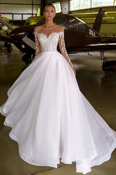 #LY9204 Long Sleeves A Line Organza Simple Wedding Gown