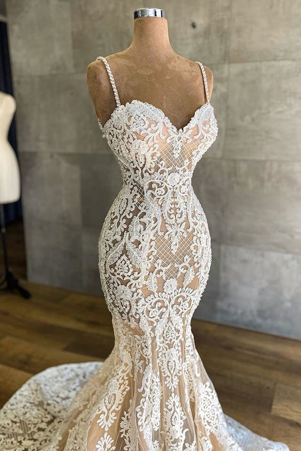 Luxury Mermaid Lace Wedding Dress Spaghetti Strap