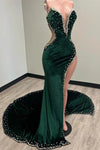 Sweetheart Dark Green Prom Dress Velvet Mermaid Slit With Beads