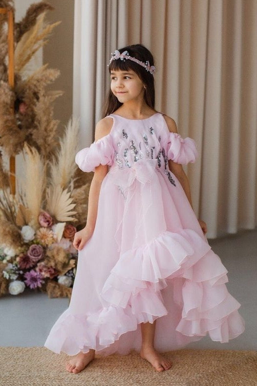 Bohemian A Line Pink Flower Girl Dress Off The Shoulder Party Gown