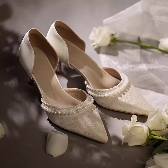 Light Champagne Rose Bride Shoes With Pearls