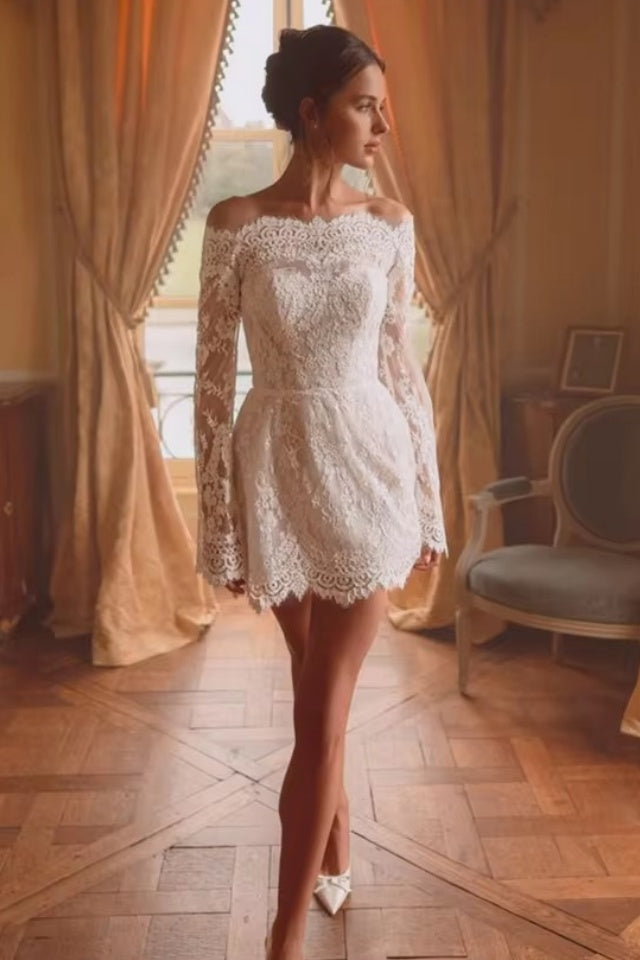 DZ9594 Lace Short Mini Wedding Dress with Long Sleeve TANYA BRIDAL DZ9594 Lace Short Mini Wedding Dress with Long Sleeve TANYA BRIDAL