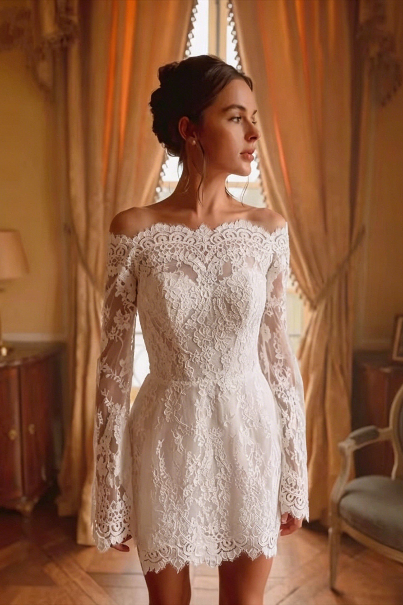 short white lace long sleeve wedding dress Sparrow Short Wedding Dress with Sleeves
