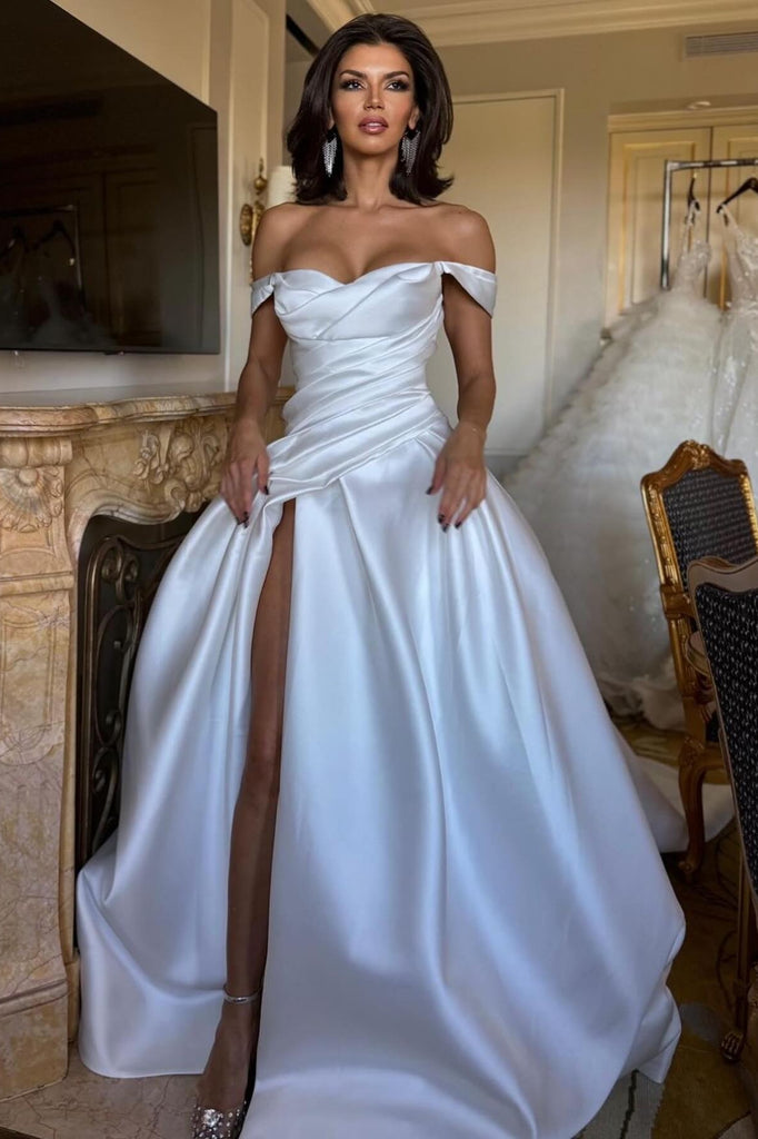 Satin A Line Wedding Dresses Side Slit Wedding Dress – TANYA BRIDAL