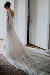 Long Sleeves V Back Lace Wedding Dress Court Train