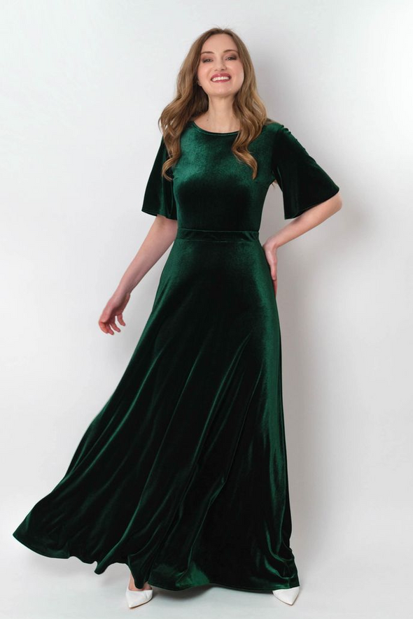 Green Velvet Short Sleeves A Line Bridesmaid Dress – TANYA BRIDAL