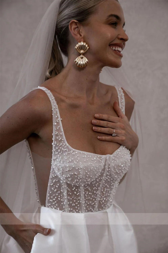 Spaghetti Straps Beads Pearls Sheer Corset Wedding Dress