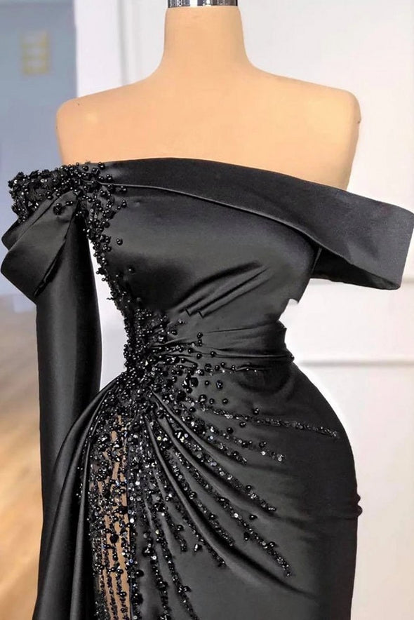 Off-shoulder Black Pageant Party Gown Luxury Pearls Evening Dress