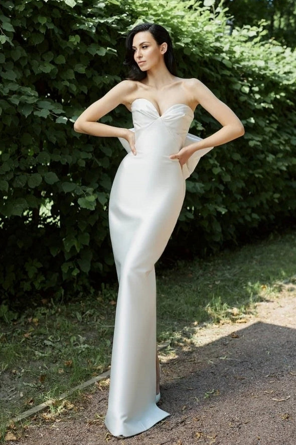 Simple Sheath Satin Wedding Dress With Big Bow Back