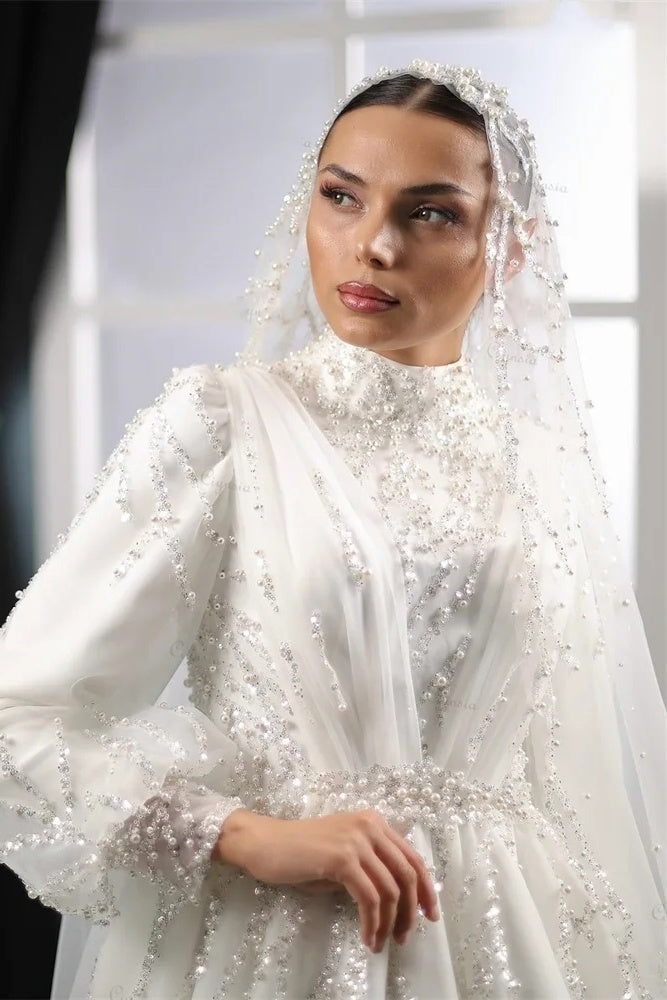 Luxury Beads Sequins Long Wedding Dress High Collar Full Sleeves – TANYA BRIDAL Luxury Beads Sequins Long Wedding Dress High Collar Full Sleeves – TANYA BRIDAL