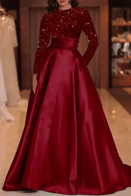 Long Sleeves Sequins A Line Satin Green Prom Gown
