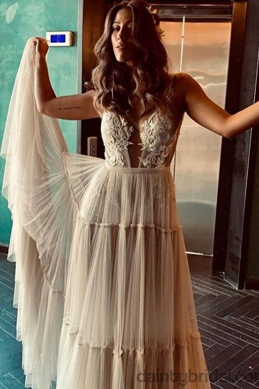 Deep V Sexy Bohemian Long Tulle Nude Wedding Dress